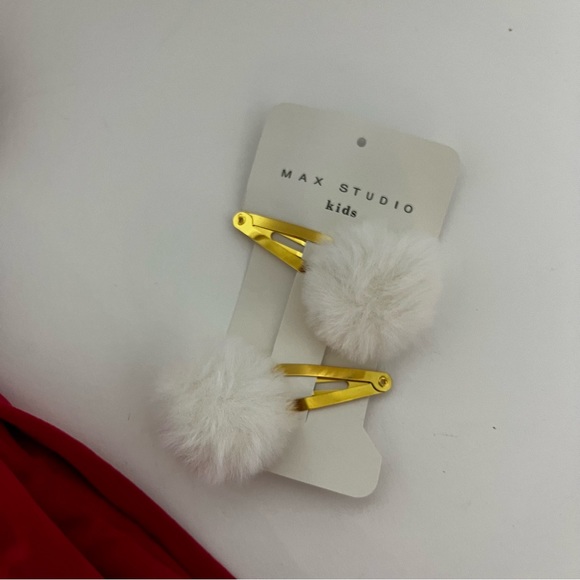 Max Studio Crimson Red Girls Faux Fur Collar Velour Dress With Hair Clip - Picture 3 of 8